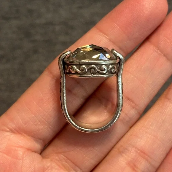 Brighton Square Smoky Quartz Gem Silver Cocktail Ring w Decorative Design, Sz 7 - Picture 5 of 10